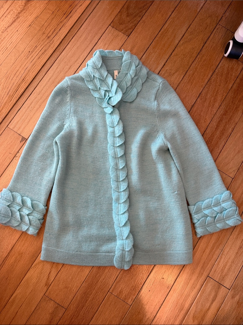 Moth Cardigan 100% Wool Light Blue Snap Closure 3D Panel Trim Medium - C69-026